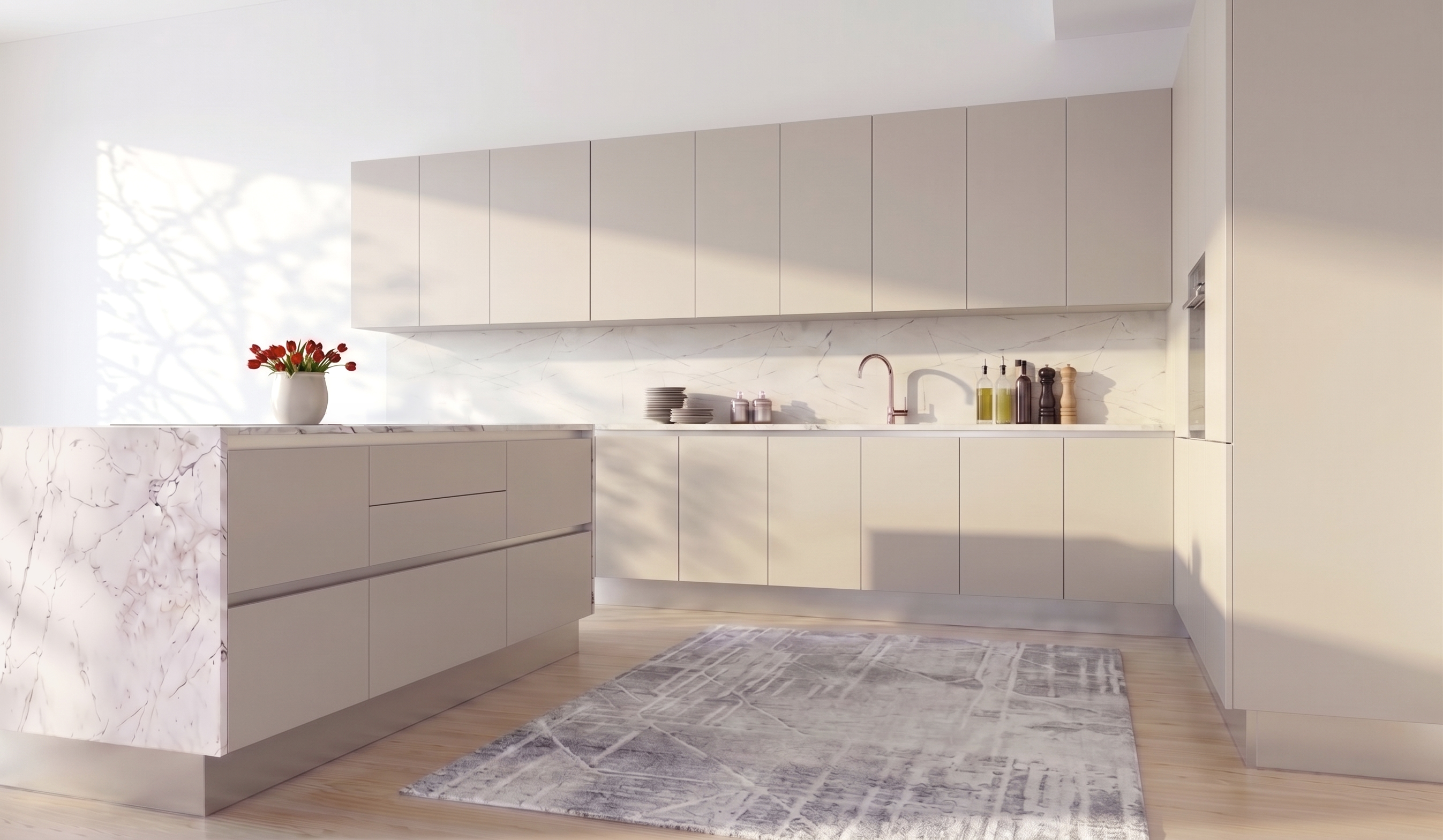 Sahara kitchen system by Gacaferi 1957 — wood-grain handleless cabinetry with marble island and backsplash